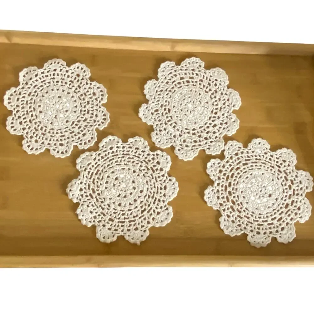 Vintage Handmade Crochet Doilies Set of 4 White Round Cotton Lace 7in